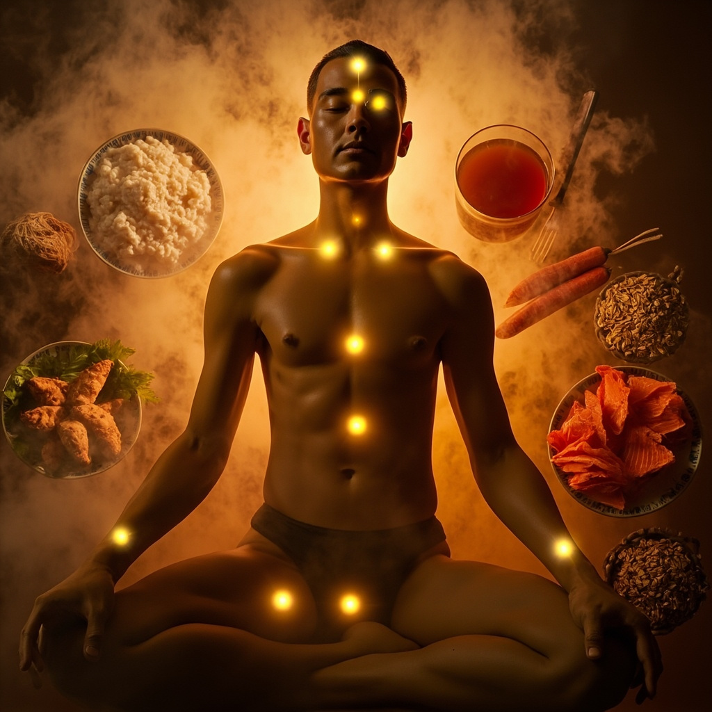Serene illustration of a human silhouette highlighting acupuncture points SP15 on abdomen, ST36 on leg, Sibai on face, Jiuwei on chest, Qubin on head, surrounded by bowls of rice porridge, sweet potatoes, ginger tea, salmon, carrots, and oats in warm earthy tones symbolizing relief and nourishment.