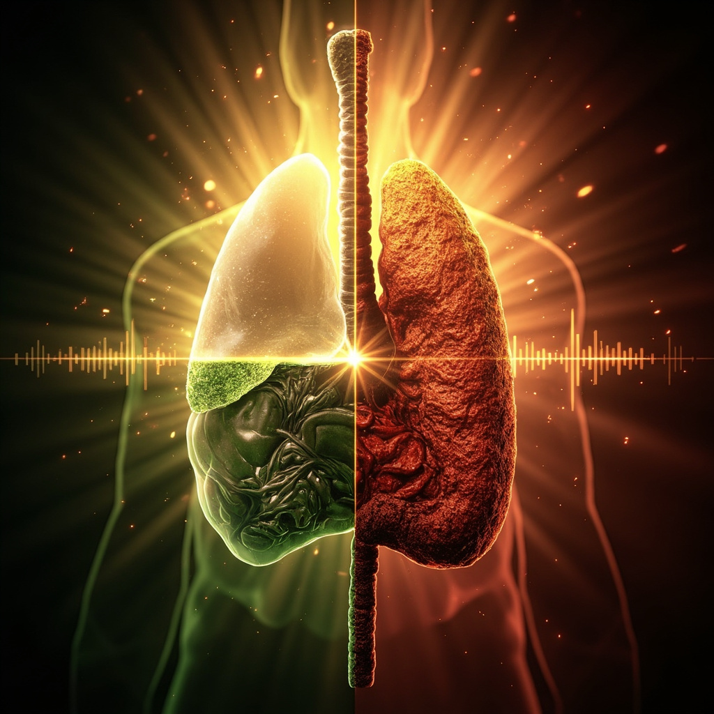 Illustration of human liver highlighting bile ducts: healthy side with smooth green bile flow, energy aura, person feeling vital; blocked side with red sludge, jaundice skin, fatigued pose; subtle frequency waves balancing it.