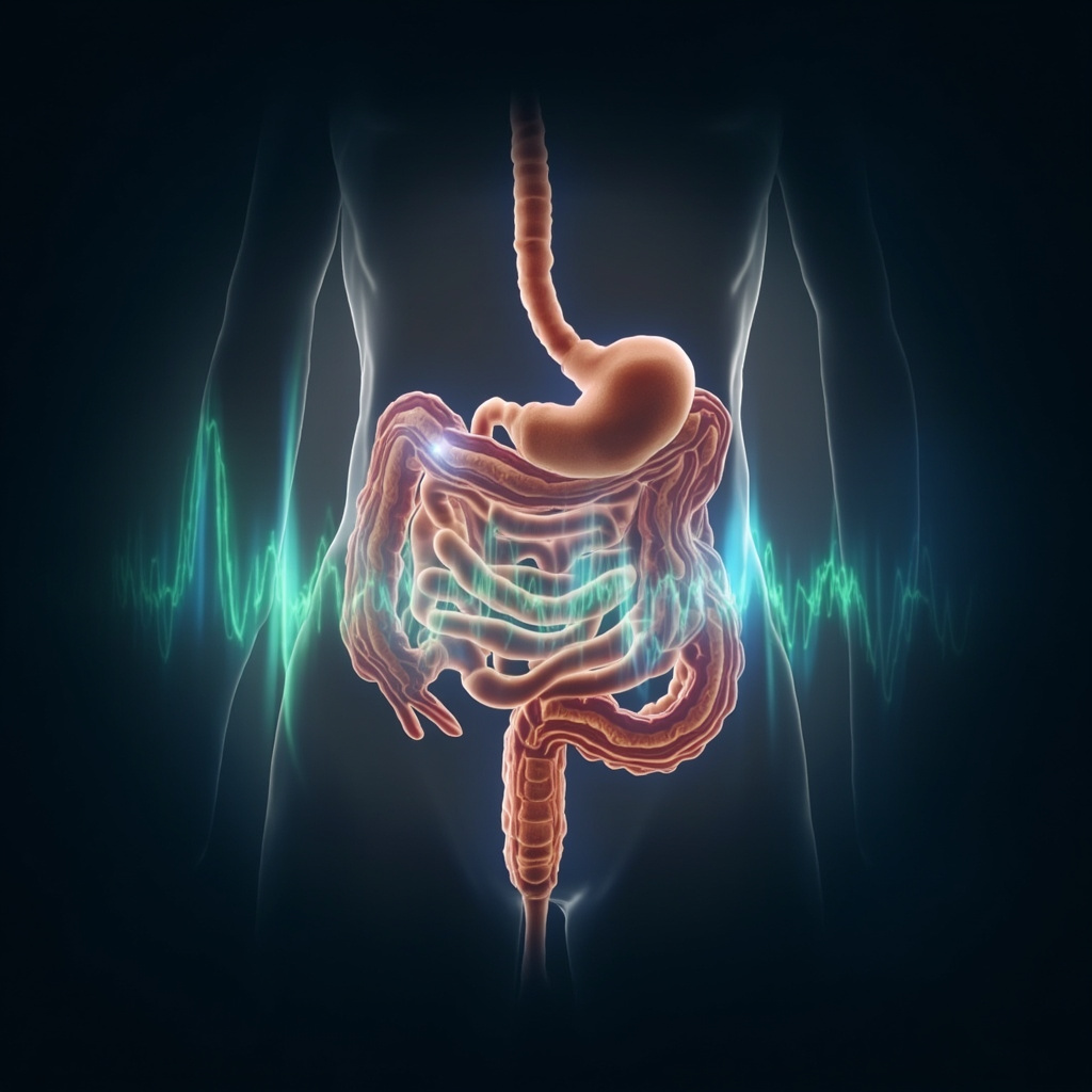 Anatomical illustration of the human duodenum in the small intestine, highlighting smooth muscles contracting rhythmically to propel food, with soft glowing frequency waves in blue and green balancing the area, calm and professional style.