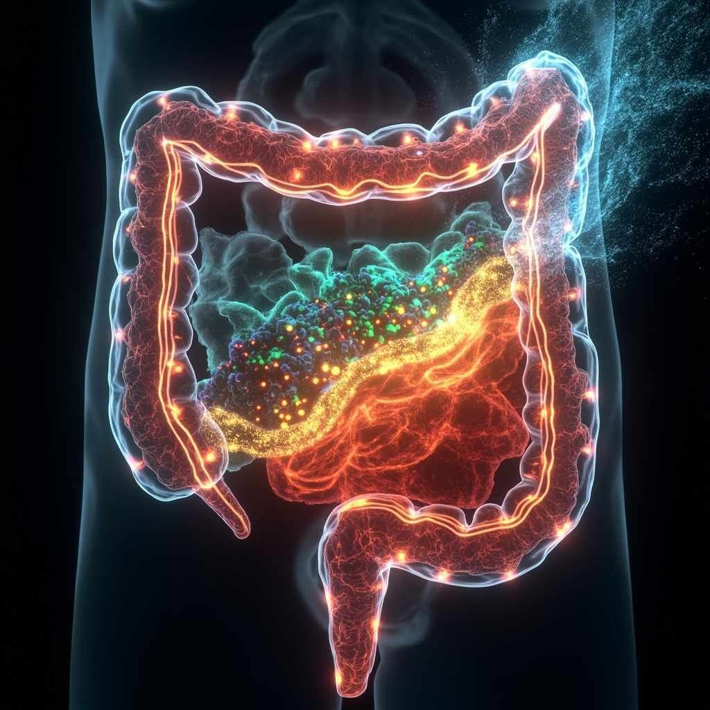 Prompt: Calm illustration of a diverse adult feeling bloated and fatigued at a meal table with healthy foods, gut icons showing inflammation and energy drain, subtle glowing frequency waves balancing the digestive system in the background, soft colors, professional style.