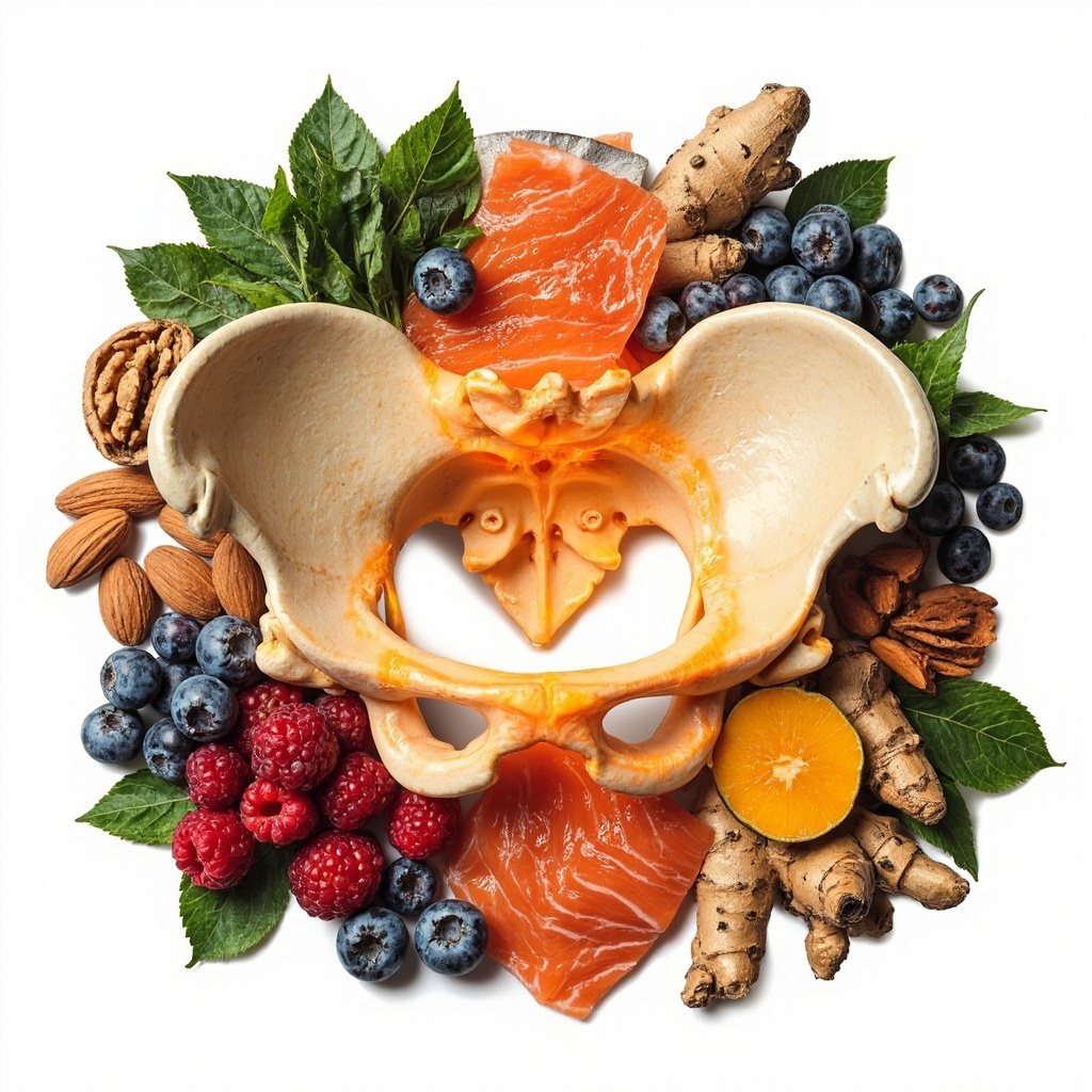 Vibrant anatomical illustration of the sacroiliac joint in the human pelvis, glowing with stability, surrounded by fresh anti-inflammatory foods like salmon, berries, turmeric roots, ginger, nuts, and leafy greens on a balanced background.