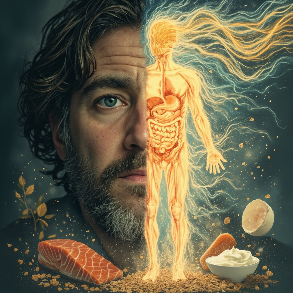 Illustration of a calm gut with glowing energy flows, fresh anti-inflammatory foods like salmon, oats, yogurt around a person shifting from bloated and tired to vibrant and energetic.