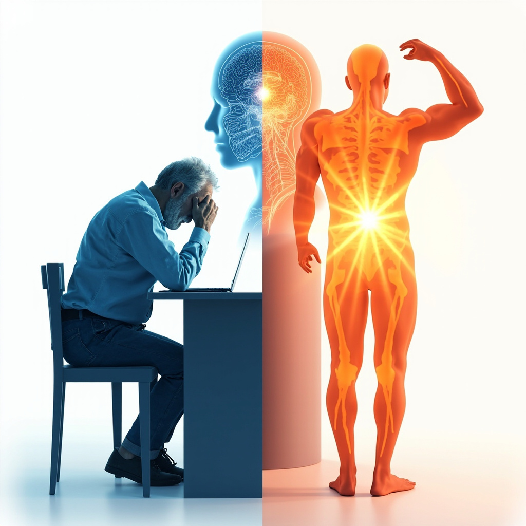 Prompt: Realistic illustration of a tired middle-aged person slumping at desk with fading muscles and belly fat, split to vibrant energetic version flexing strong arms, pituitary gland glowing in brain silhouette, medical infographic style, soft blues and energizing oranges.