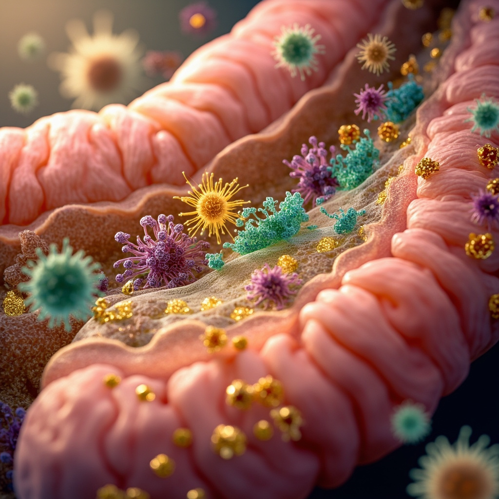 Vibrant illustration of colorful beneficial gut bacteria thriving in a healthy human intestine, breaking down fibers, producing vitamins, interacting with immune cells, and supporting nutrient absorption, in a clean medical style.