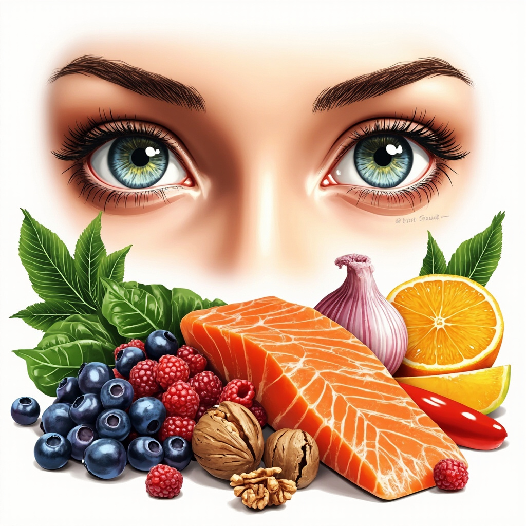 Illustration of healthy eyes relieved from irritation, surrounded by nutritious foods: salmon fillet, fresh berries, spinach leaves, citrus fruits, onions, walnuts, and bell peppers on a clean white background.