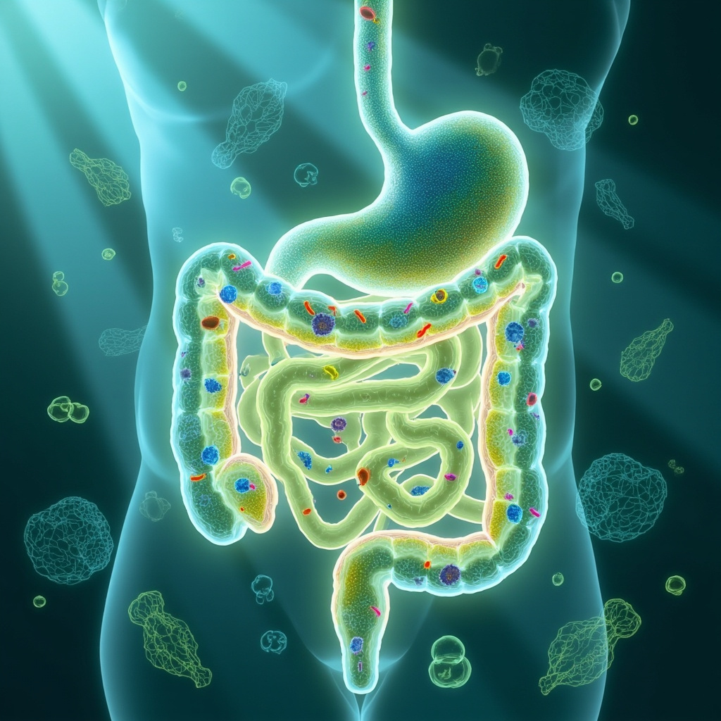Serene illustration of a healthy human gut with balanced microbiome: colorful beneficial bacteria, yeast in harmony, soft glowing digestive tract, vegetables and probiotics around, calming blue-green tones.