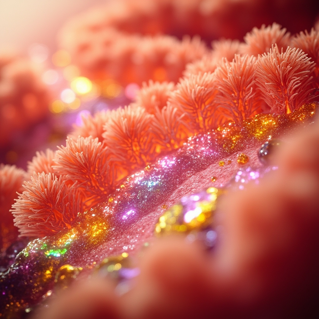 Microscopic illustration of healthy intestinal villi in the small intestine: finger-like pink projections lined with microvilli, actively absorbing colorful nutrients from the gut lumen, vibrant and detailed anatomical view.