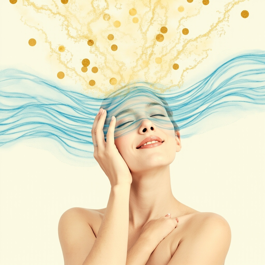 Serene person with hand on forehead, soft blue frequency waves calming allergy pollen storm around head, minimalist health illustration.