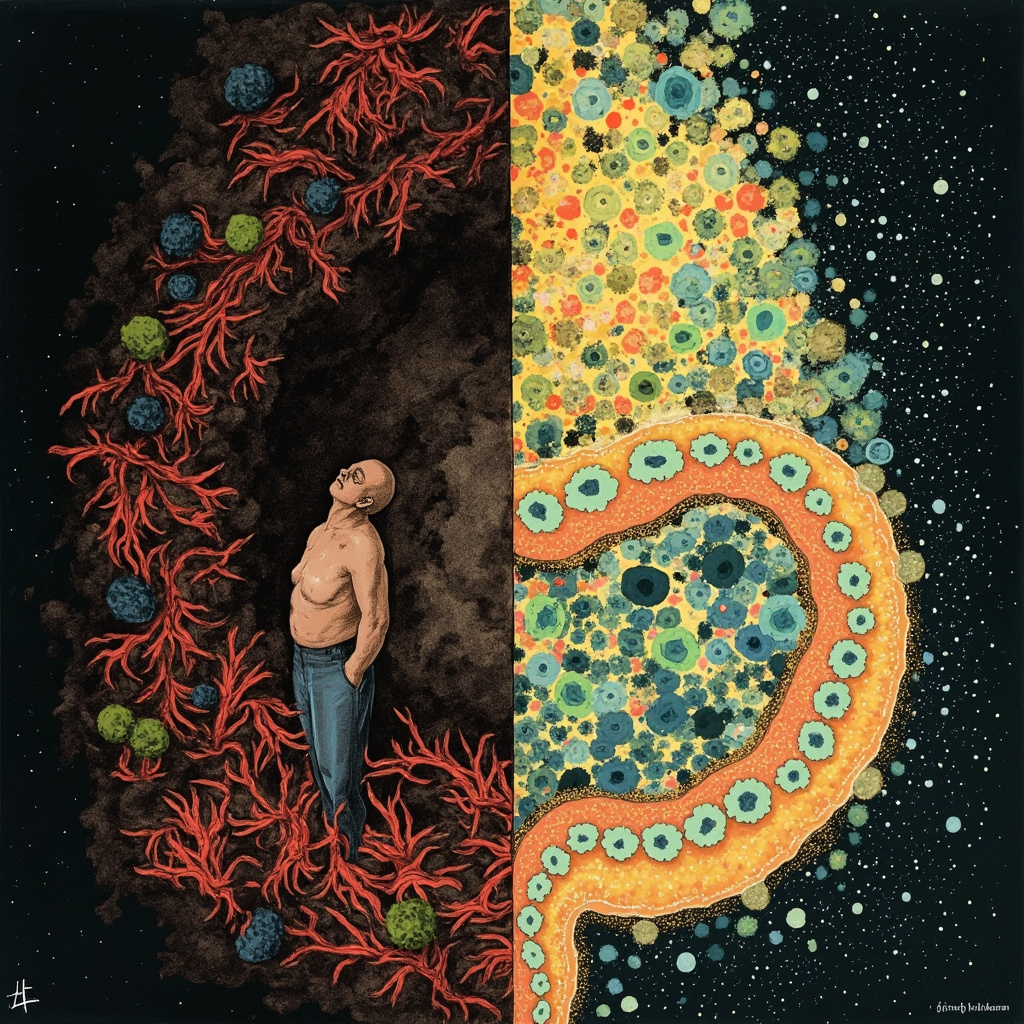 Illustration of a diverse gut microbiome: left side chaotic red bacteria overwhelming green helpful ones, person looking tired and bloated; right side balanced colorful bacteria harmony, vibrant energetic person meditating with soft glowing frequencies waves.