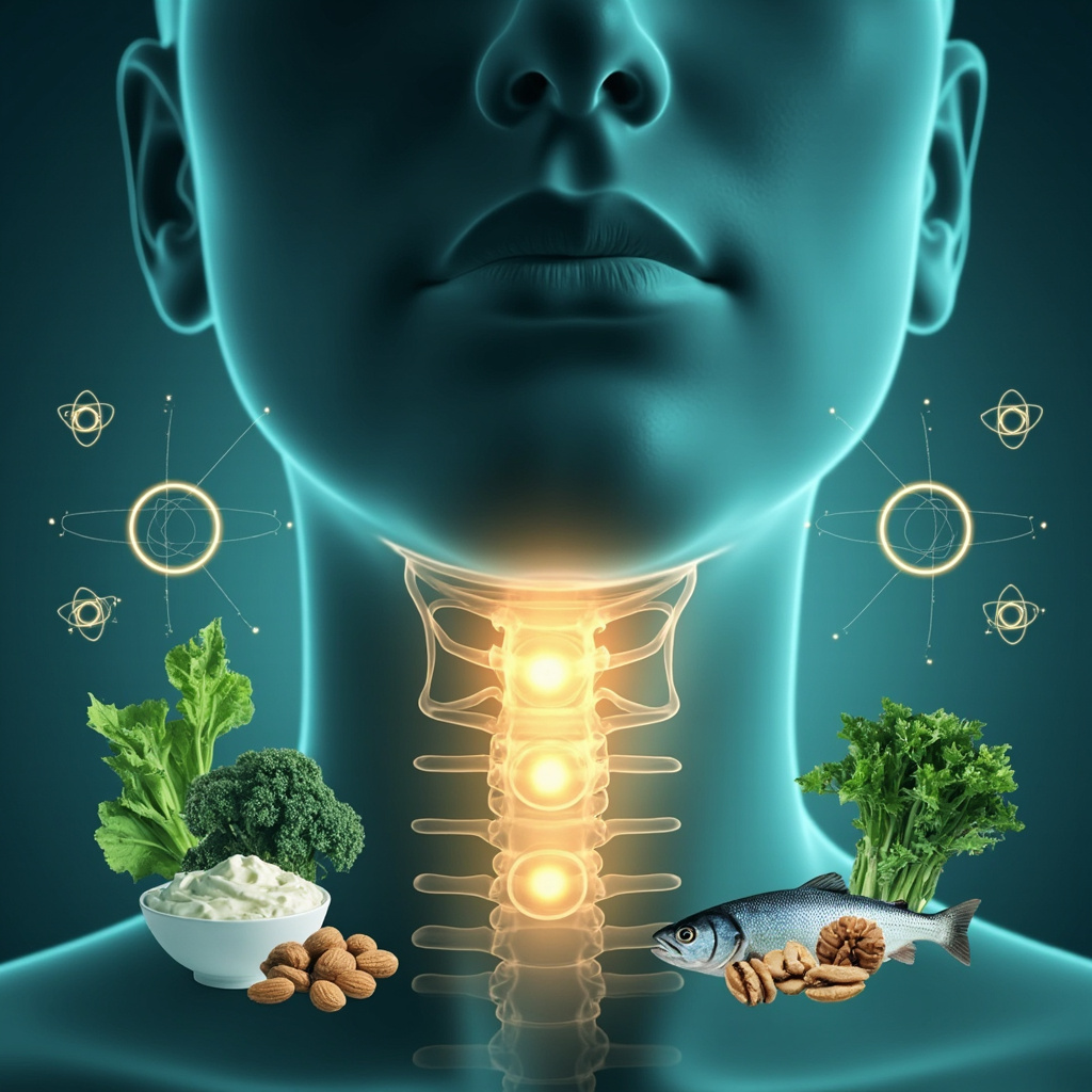 Serene illustration of parathyroid glands behind thyroid in neck, glowing softly, surrounded by icons of leafy greens, yogurt, nuts, fish, and calcium symbols, in calming blue and green tones.