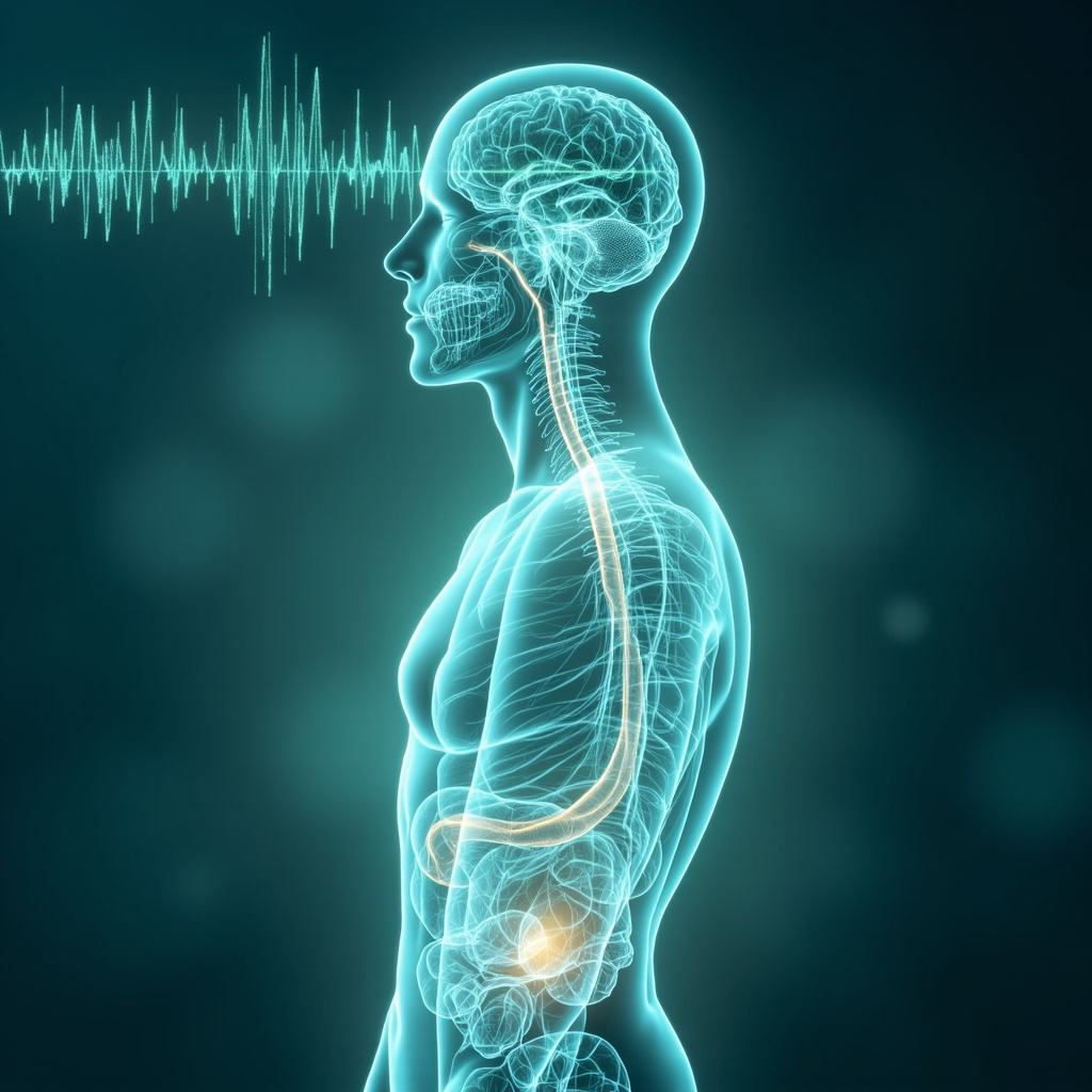 Illustration of a human figure with glowing brain and stomach connected by neural pathways, stress waves turning into calming frequency ripples healing the stomach area, in soft blues and greens, professional medical art style.