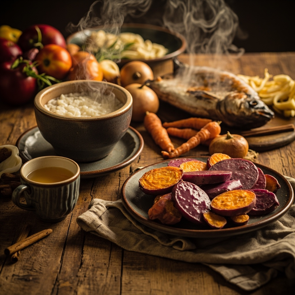 Vibrant illustration of a wooden table with steamed sweet potatoes, ginger tea, rice porridge, roasted carrots, cinnamon sticks, apples, onions, and fresh fish, evoking warmth and TCM spleen nourishment for allergy relief, soft lighting, professional food photography style