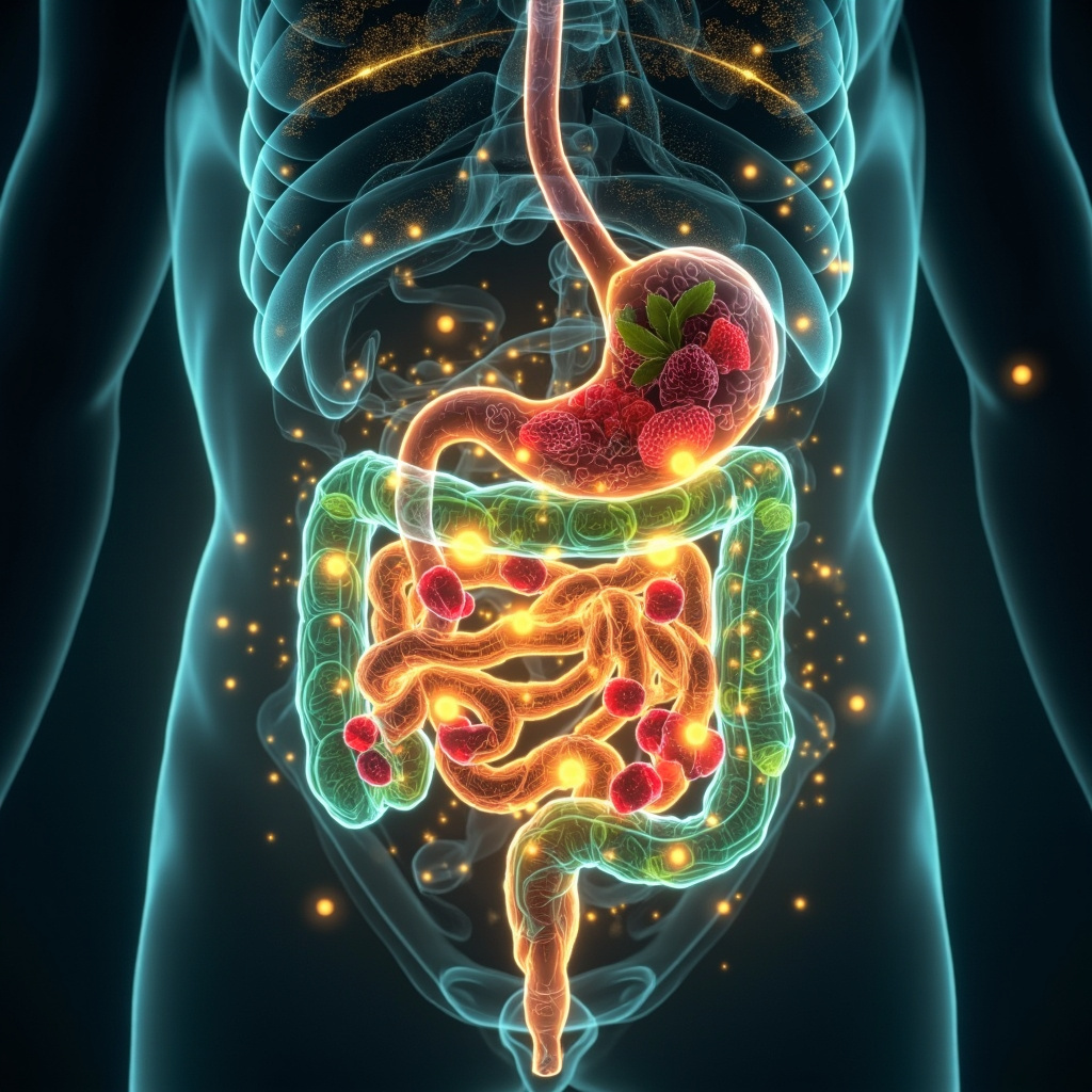 A serene illustration of a healthy human digestive system with balanced gut flora, colorful fruits and vegetables nourishing the microbiome, subtle slime mold elements fading into harmony, soft glowing energies, professional medical art style.