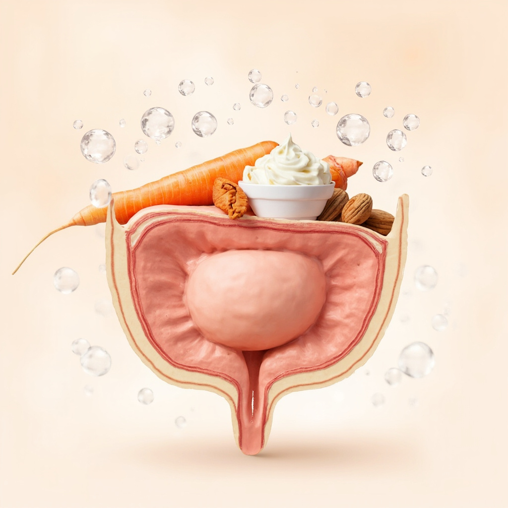 Vibrant illustration of sparkling healthy teeth with protective shield, surrounded by icons of cheese, green tea, yogurt, carrots, and xylitol gum, soft blue and green tones for freshness and health.