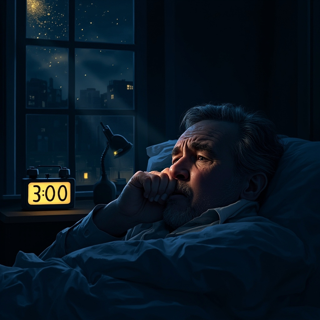 A realistic illustration of a middle-aged person lying awake in a dark bedroom, clutching their congested nose, with subtle pollen particles in the air and a clock showing 3 AM, evoking insomnia from hay fever allergies.