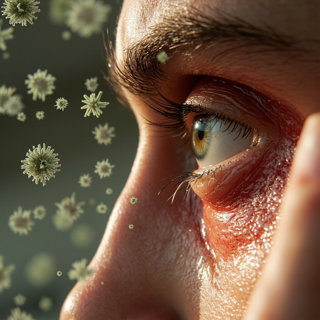 Close-up realistic illustration of irritated red watery eyes with subtle green mold spores floating nearby, evoking hidden allergy triggers in a modern home, soft lighting, medical style