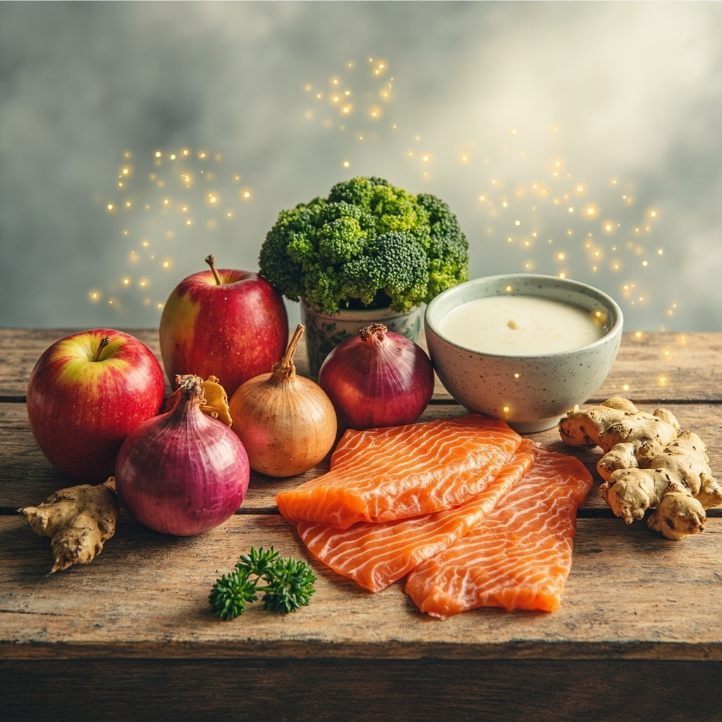 Vibrant illustration of red onions, apples, ginger root, salmon, broccoli, and kefir on a wooden table with subtle glowing acupuncture points on a serene background, representing natural nutrition for Japanese allergy relief.