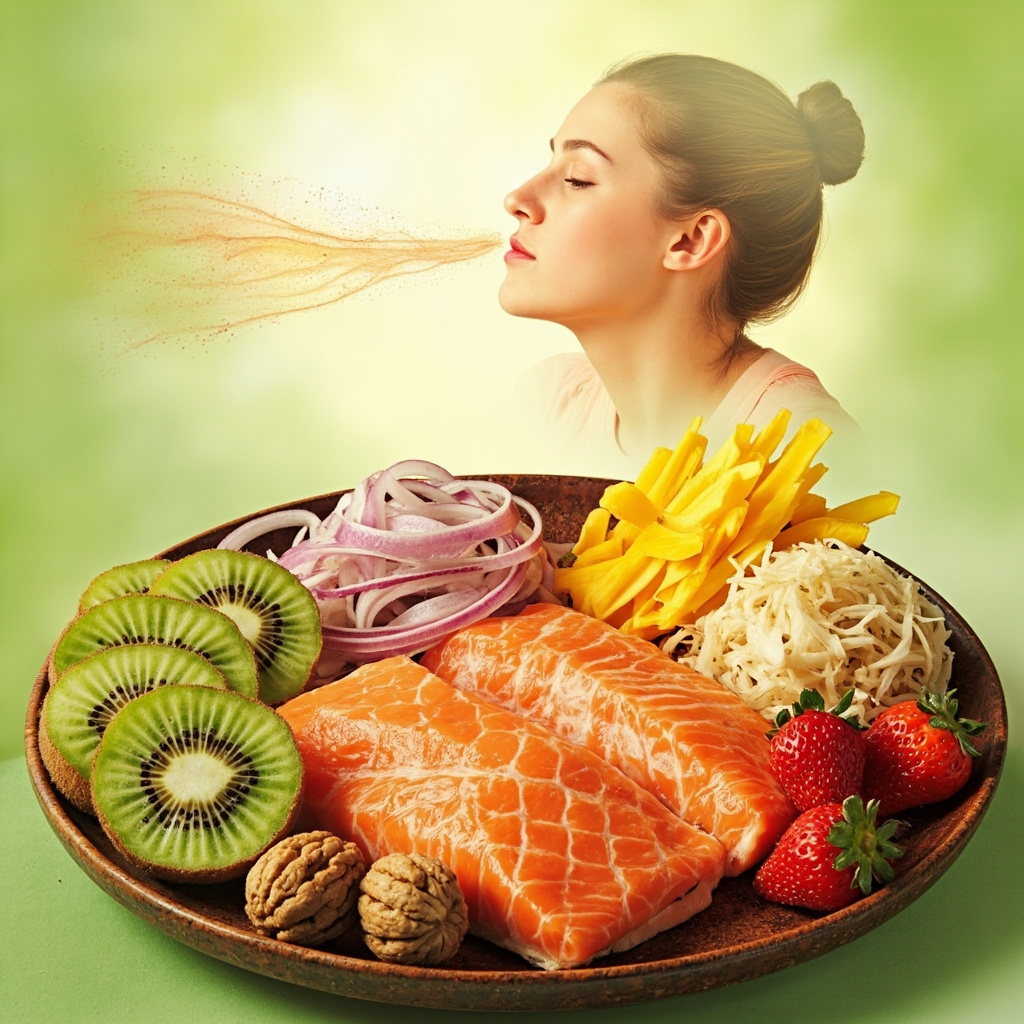prompt: Vibrant illustration of a diverse plate of allergy-relief foods: sliced kiwi, yellow bell peppers, red onions, wild salmon, sauerkraut, walnuts, and strawberries. In the background, a serene person breathing freely with clear sinuses symbolized by open nasal passages and fresh air waves, in soft green and orange healing tones.