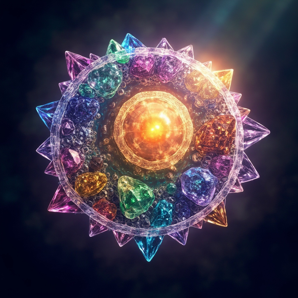 Vibrant illustration of colorful mineral crystals arranged in a human cell structure, glowing softly to represent balanced cellular energy and nutrition.