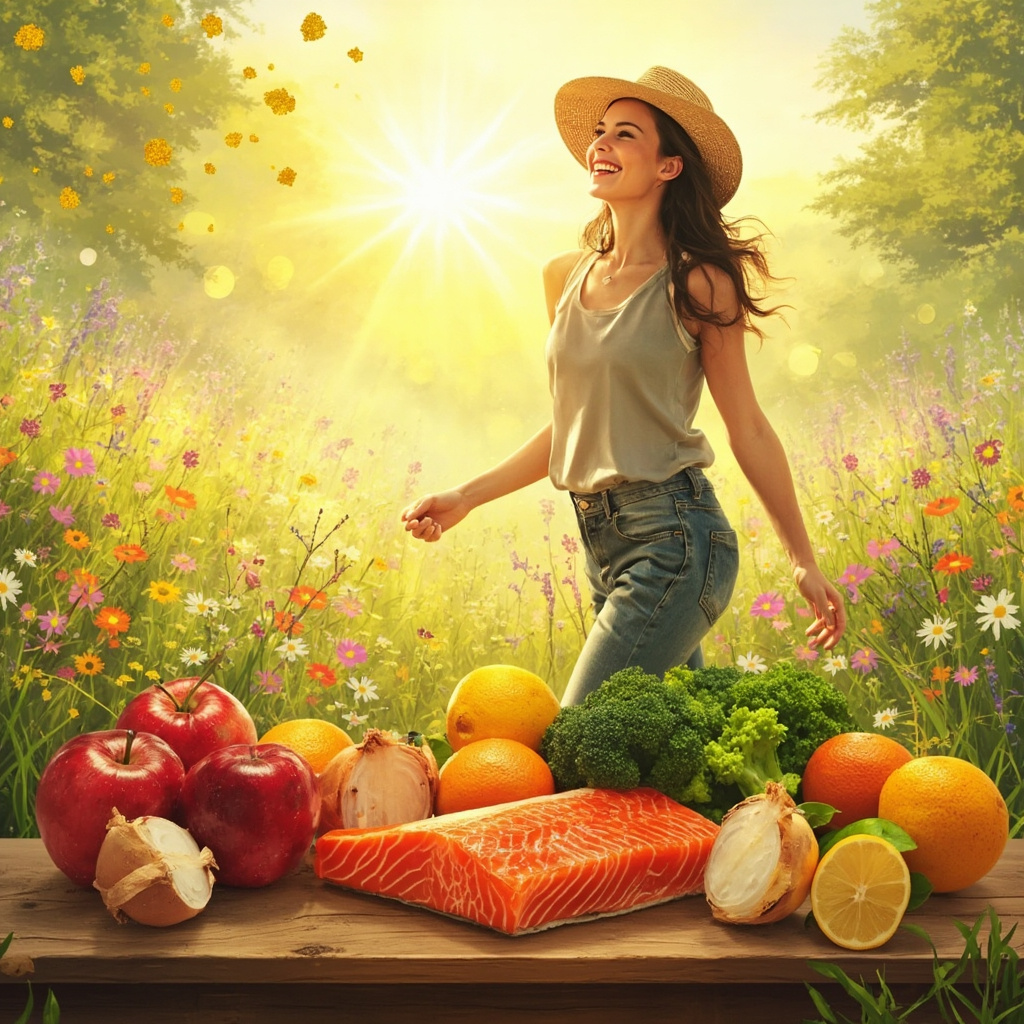 Illustration of a person happily walking in a blooming spring meadow, free from sneezing, surrounded by fresh apples, onions, citrus fruits, broccoli, and salmon on a table, with soft golden sunlight and pollen gently floating away.