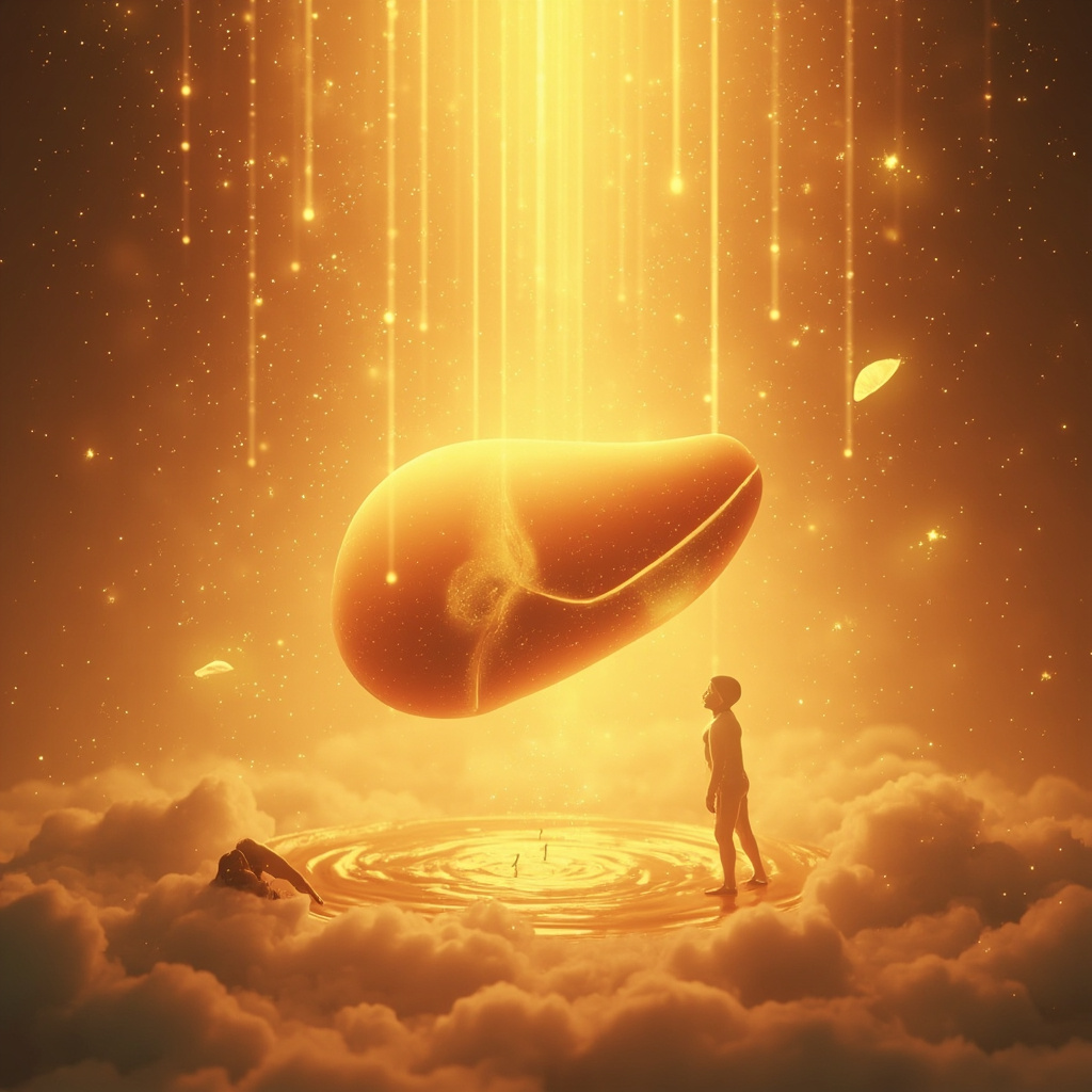 Serene illustration of the human spleen glowing with warm golden energy waves, surrounded by icons of digestion (stomach, food turning to energy), fatigue relief (tired to energized person), in soft earthy tones for a calming, healing vibe.