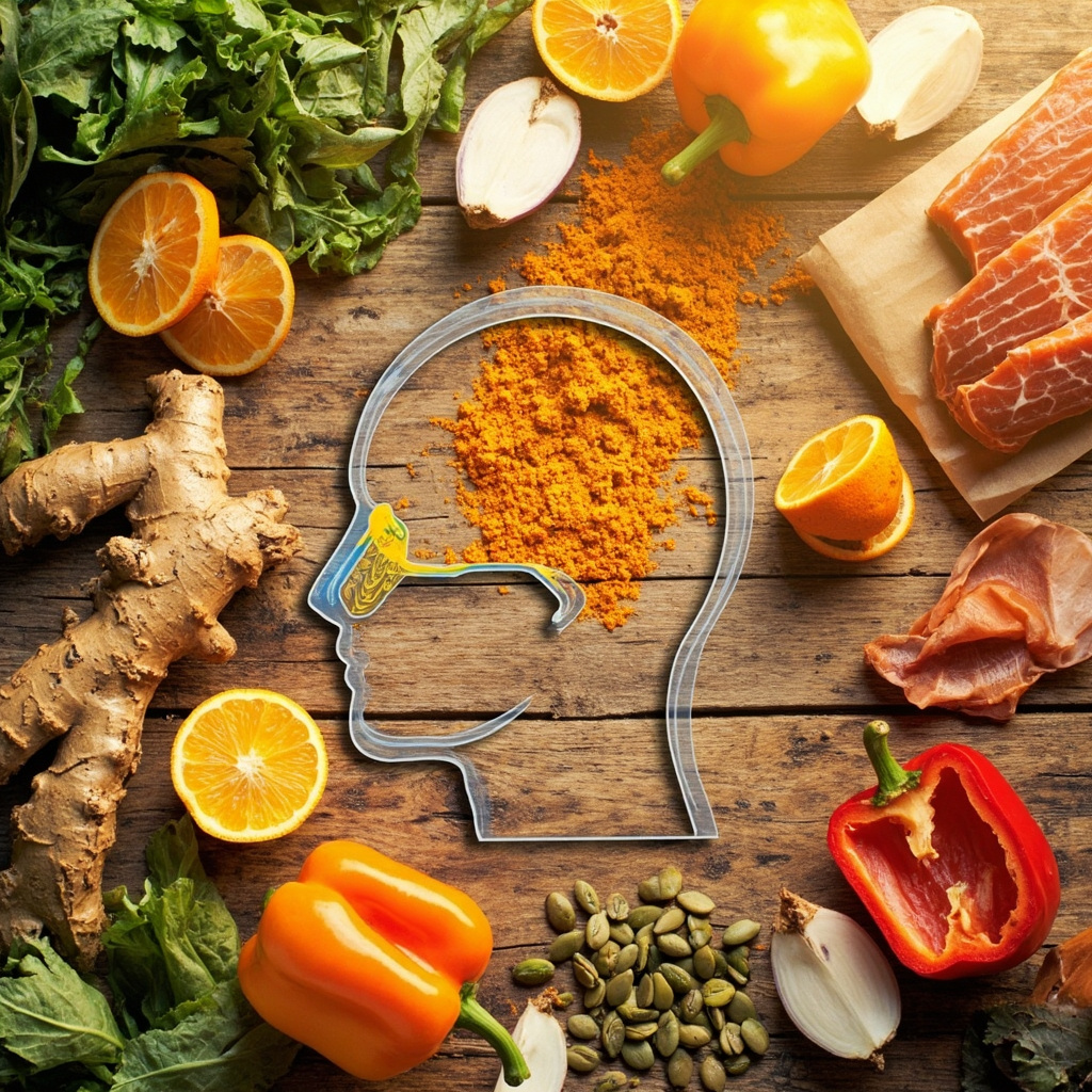 Vibrant illustration of clear nasal passages in a human head profile, surrounded by fresh foods like ginger root, turmeric powder, oranges, salmon fillets, bell peppers, onions, pumpkin seeds, and leafy greens on a wooden table, bright natural light, healthy and inviting style