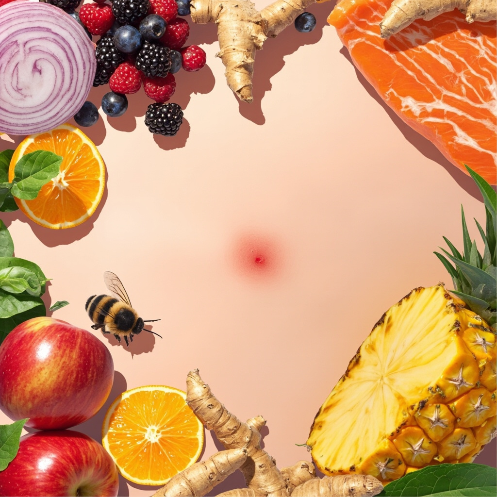 Vibrant illustration of a mild bee sting on human skin with subtle swelling, surrounded by fresh foods like onions, apples, berries, oranges, salmon, turmeric root, ginger, and pineapple slices, in a clean, natural health style with soft lighting.