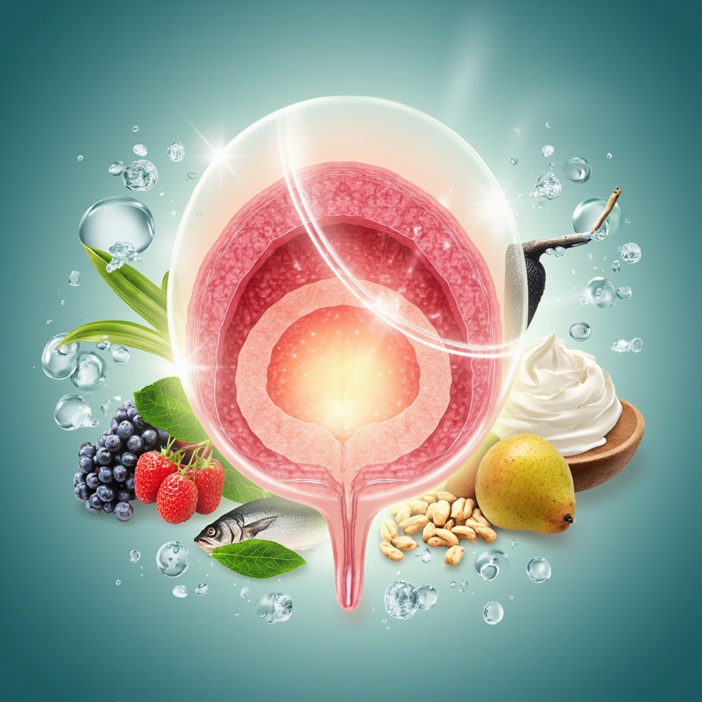 Illustration of a healthy human colon in soft glowing light, surrounded by fresh fruits, vegetables, nuts, yogurt, and flowing water, evoking balance, release, and vitality in calming earth tones.