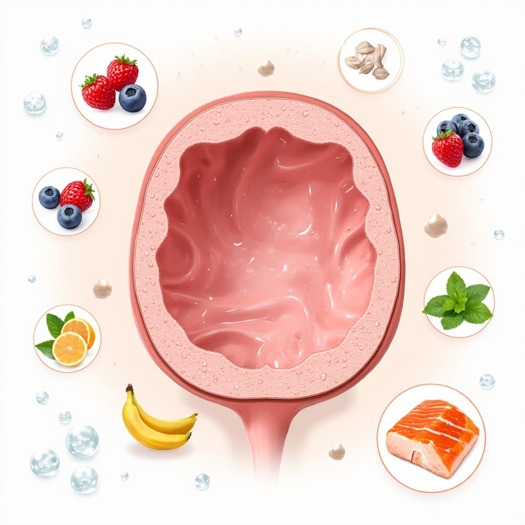 Illustration of a diverse plate of allergy-safe foods like fish, greens, yogurt, and seeds surrounding peanuts with protective energy waves and icons of vitamin D sunlight and gut health bacteria.