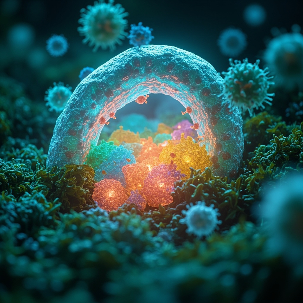 Illustration of a healthy human appendix in the gut, glowing with colorful beneficial bacteria and immune cells protecting it, vibrant greens and blues on a soft anatomical background, symbolizing gut immunity and balance.