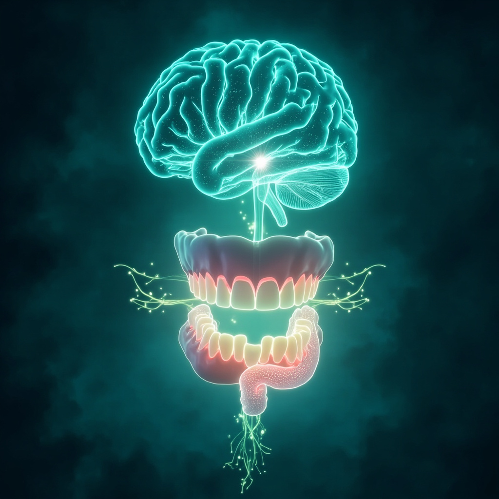 Illustration of a glowing human mouth with healthy teeth and gums, connected by energy waves to a balanced gut and calm brain, in serene blue-green tones, symbolizing oral-gut-brain harmony and nutrition flow.