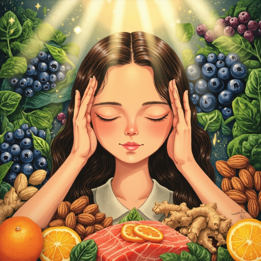 Illustration of a person gently massaging their temples with a relieved expression, surrounded by colorful fresh foods like berries, spinach, nuts, salmon, ginger root, and citrus fruits, soft light rays symbolizing relief and balance.