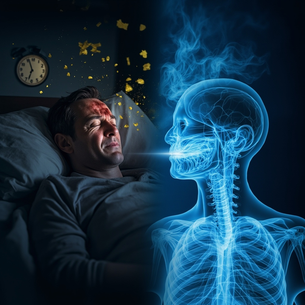 prompt: A split-image illustration: left side shows a tired adult tossing in bed at night with red nose, pollen swirling, clock at 3 AM; right side peaceful sleeper with soft blue energy waves flowing through nasal passages and lungs, symbolizing balanced healing frequencies for allergic rhinitis sleep relief.