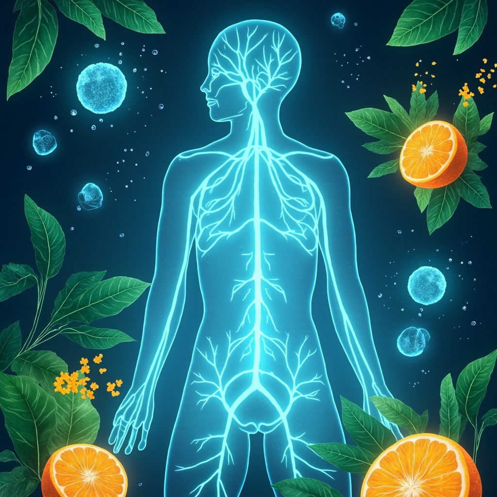 Illustration of the human lymphatic system as glowing blue vessels flowing through a relaxed body, with icons of water droplets draining, immune cells, fresh citrus fruits, and soft green leaves symbolizing nutrition and detox, in a calming wellness style.