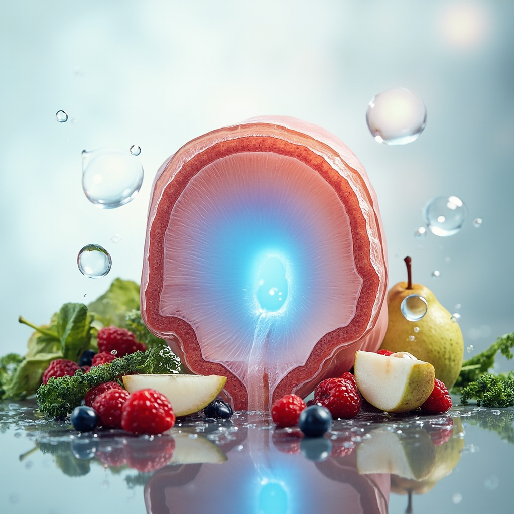 Serene anatomical illustration of adrenal glands on kidneys, with the outer cortex glowing in soft golden light, surrounded by fresh foods like oranges, avocados, berries, and leafy greens on a calm blue background, symbolizing balance and nourishment.