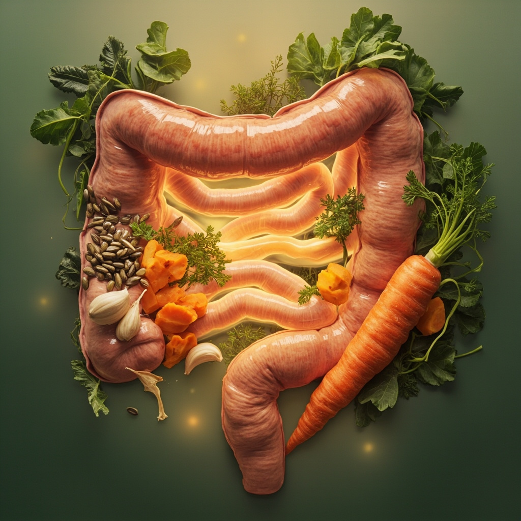 A vibrant illustration of the human thyroid gland glowing softly in the neck, surrounded by fresh foods like Brazil nuts, seaweed, fish, spinach, eggs, and pumpkin seeds on a clean white background, symbolizing nutritional balance and health.
