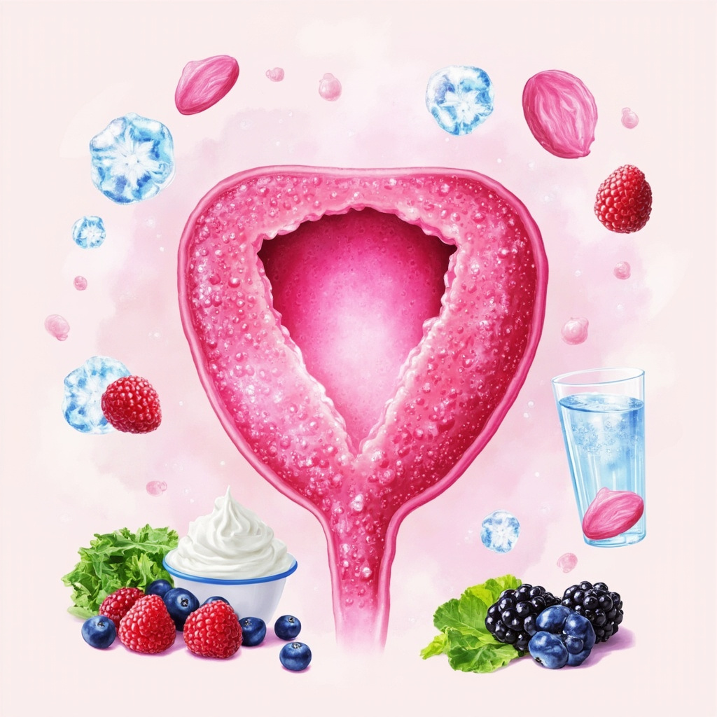 Serene illustration of a healthy human stomach with a glowing protective mucous lining, surrounded by fresh berries, yogurt, oats, and honey in soft Ayurvedic earth tones, symbolizing digestion and balance.