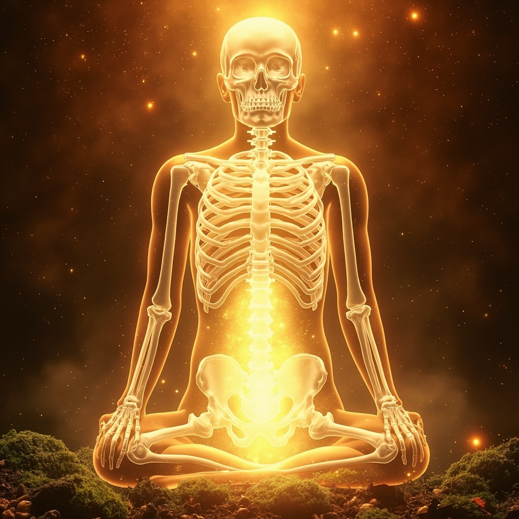 Serene ayurvedic illustration of a human silhouette with golden energy flowing downward from the lower abdomen through strong glowing bones, flexible cartilage, and healthy teeth, set against a natural earthy background symbolizing balance and vitality
