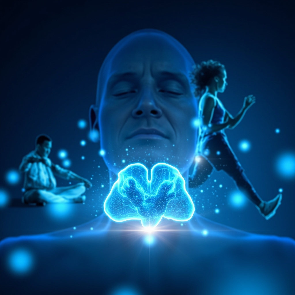 Vibrant illustration of a glowing thyroid gland with blue iodine atoms flowing in, contrasted with a tired person transforming to energetic runner, soft medical blue tones, professional health style.