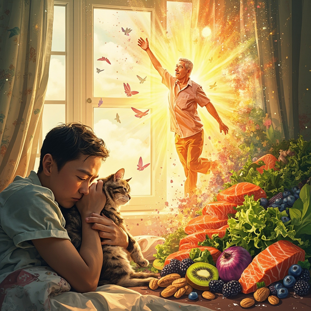 Illustration of a tired person petting a cat transforming into an energetic one surrounded by fresh salmon, kiwis, onions, berries, nuts, and greens in a bright home setting, vibrant and hopeful style.
