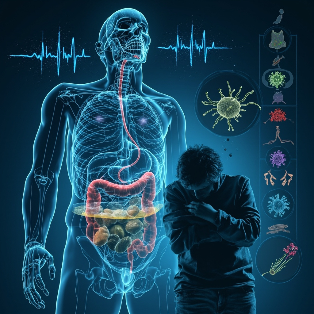 Illustration of a human stomach with low gastric acid: undigested food chunks, gas bubbles causing bloating, stressed brain signals above, icons of fatigue, weak hair/nails, and infection risks around a tired person.