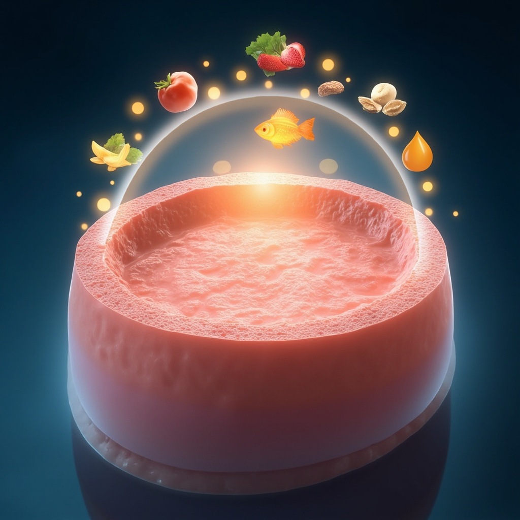 A serene illustration of a glowing healthy intestine absorbing colorful nutrients from fruits, vegetables, nuts, and yogurt, with faint shadowy tapeworm fading away in the background, in soft green and blue healing tones.