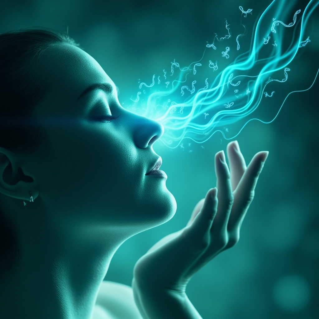 Soft illustration of a serene face with hand near nose, glowing blue energy waves from gut to sinuses, icons of vitamins and bacteria, calming greens and blues.