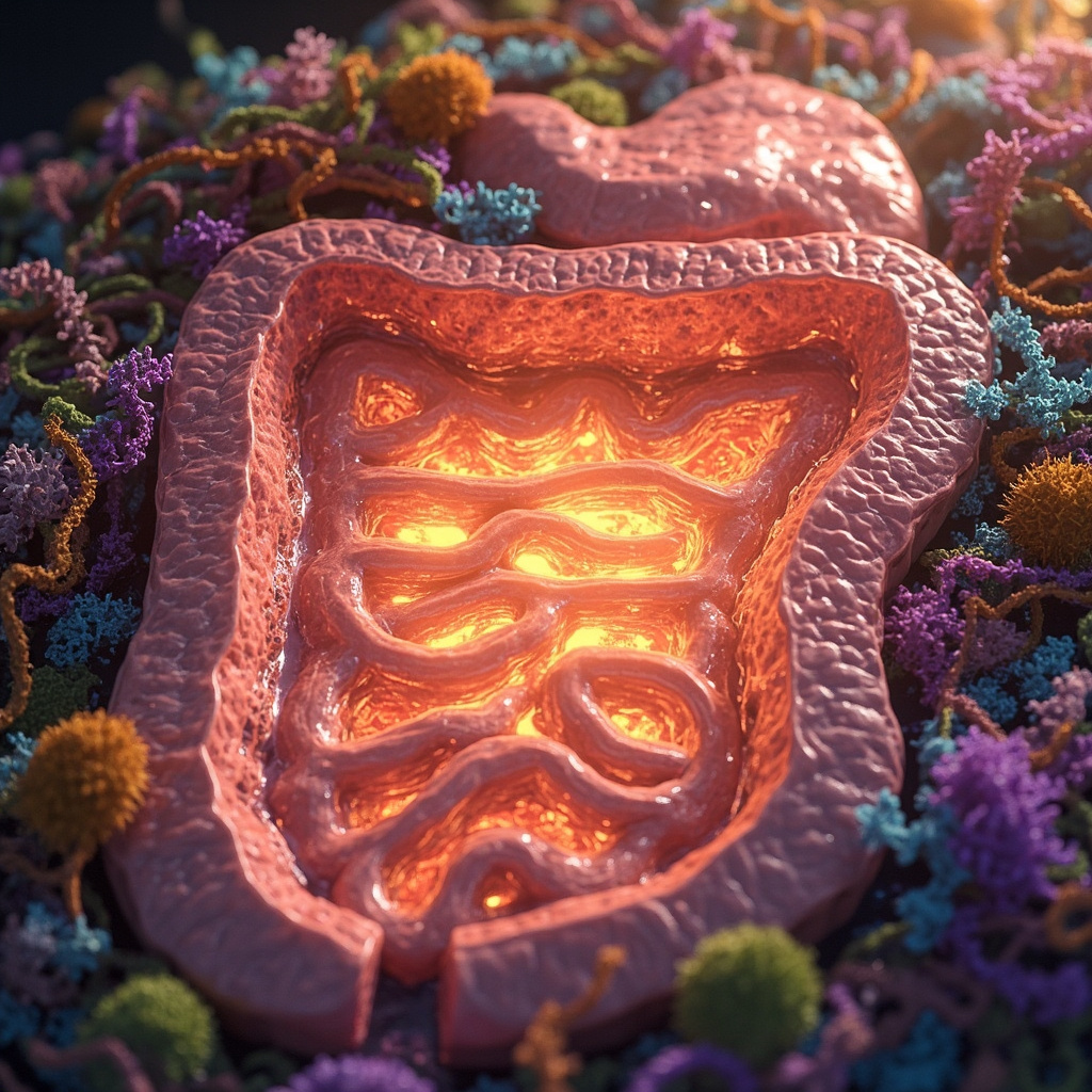 Illustrative image of a healthy human small intestine glowing with absorbed nutrients, colorful fibers and microbes around it, anatomical cross-section style, vibrant and educational