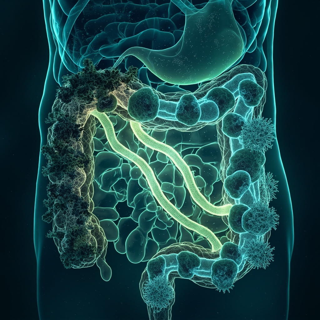 Illustrative image of a glowing slime mold structure infiltrating a human gut microbiome, showing disrupted bacteria and toxins on one side, balanced healthy flora with vibrant energy waves on the other side, in soft blues and greens for a calming health theme.