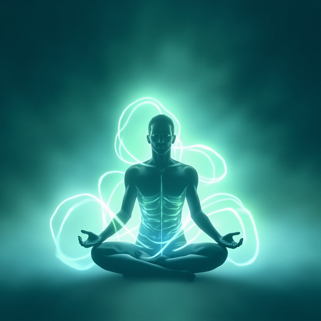 Serene human silhouette with glowing balanced energy waves flowing through body, healthy weight, meditating, soft blue and green tones, illustrative for energy balance health.
