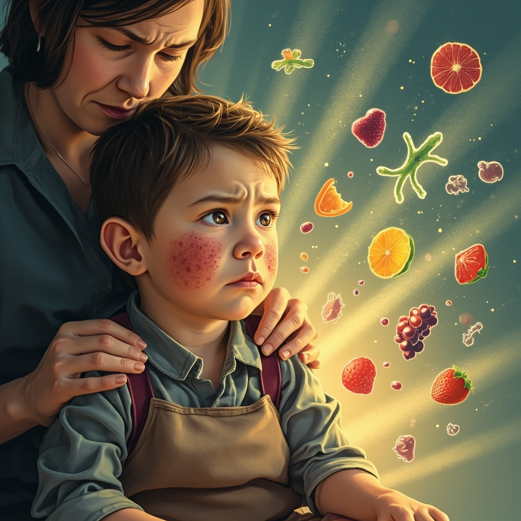 Illustrative image of a young child with mild eczema on cheeks and runny nose, sitting with a concerned parent; background fades into gut microbiome icons like friendly bacteria, colorful fruits, and gentle energy waves symbolizing balance and healing.