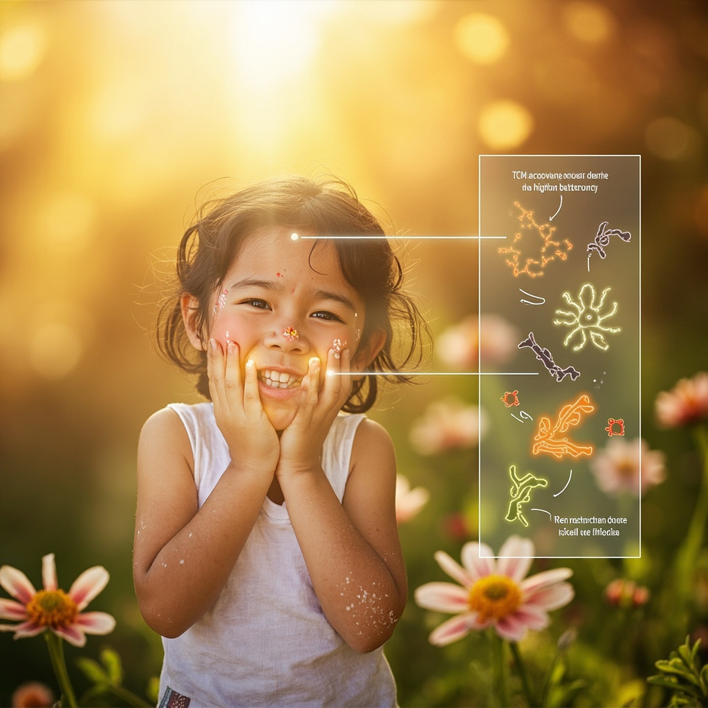Prompt: Illustrative image of a young child aged 5-8 with subtle eczema patches on arms and a runny nose, looking distressed outdoors near flowers; inset shows unbalanced gut bacteria icons transforming to balanced ones with glowing TCM acupuncture points on the body like head, eyes, thigh, abdomen; warm healing colors, hopeful expression emerging.