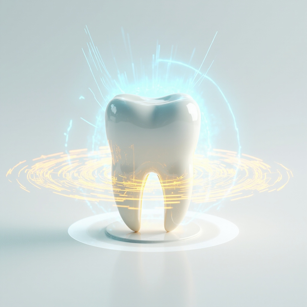 A high-quality, conceptual 3D render of a human tooth surrounded by glowing, golden geometric frequency waves and soft blue light, symbolizing the intersection of dental health and bioelectric resonance, professional medical aesthetic, white background.