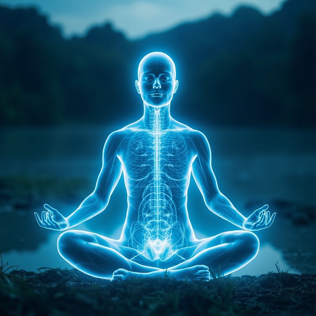 Serene human figure in meditation pose with glowing endocrine glands like thyroid and adrenals emitting soft harmonious blue frequency waves, balanced energy flow through body, calm natural background